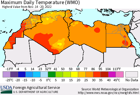 North Africa Maximum Daily Temperature (WMO) Thematic Map For 11/14/2022 - 11/20/2022