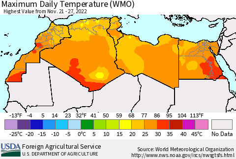 North Africa Maximum Daily Temperature (WMO) Thematic Map For 11/21/2022 - 11/27/2022