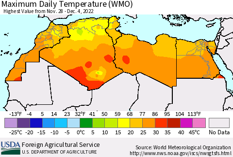 North Africa Maximum Daily Temperature (WMO) Thematic Map For 11/28/2022 - 12/4/2022