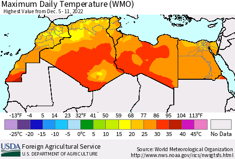 North Africa Maximum Daily Temperature (WMO) Thematic Map For 12/5/2022 - 12/11/2022