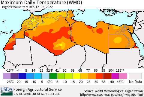 North Africa Maximum Daily Temperature (WMO) Thematic Map For 12/12/2022 - 12/18/2022