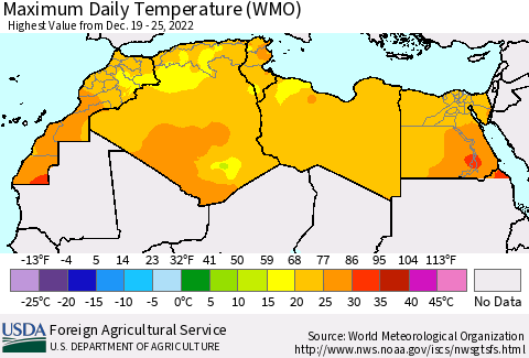North Africa Maximum Daily Temperature (WMO) Thematic Map For 12/19/2022 - 12/25/2022