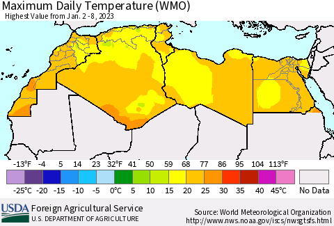 North Africa Maximum Daily Temperature (WMO) Thematic Map For 1/2/2023 - 1/8/2023
