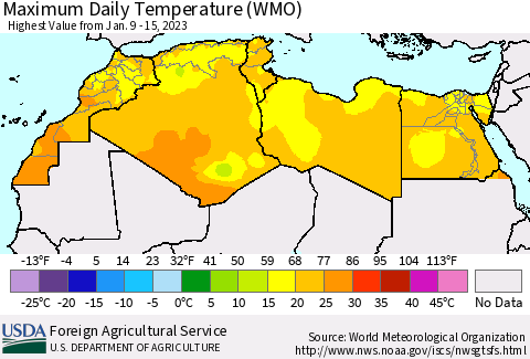 North Africa Maximum Daily Temperature (WMO) Thematic Map For 1/9/2023 - 1/15/2023