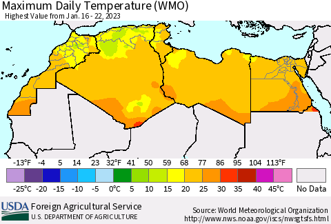 North Africa Maximum Daily Temperature (WMO) Thematic Map For 1/16/2023 - 1/22/2023