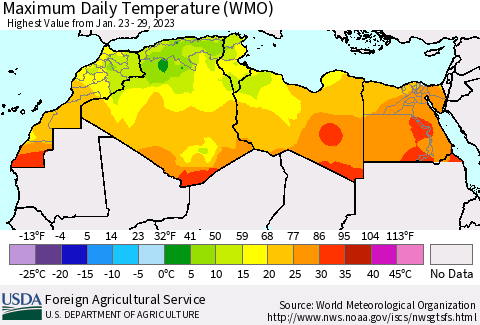 North Africa Maximum Daily Temperature (WMO) Thematic Map For 1/23/2023 - 1/29/2023
