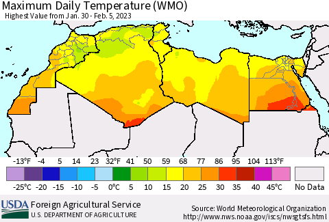 North Africa Maximum Daily Temperature (WMO) Thematic Map For 1/30/2023 - 2/5/2023