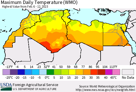North Africa Maximum Daily Temperature (WMO) Thematic Map For 2/6/2023 - 2/12/2023