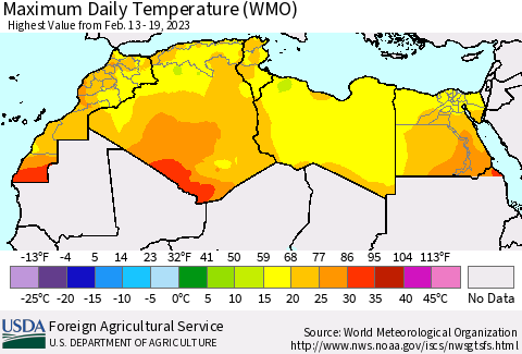 North Africa Maximum Daily Temperature (WMO) Thematic Map For 2/13/2023 - 2/19/2023
