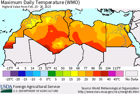 North Africa Maximum Daily Temperature (WMO) Thematic Map For 2/20/2023 - 2/26/2023
