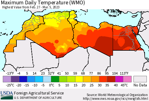 North Africa Maximum Daily Temperature (WMO) Thematic Map For 2/27/2023 - 3/5/2023