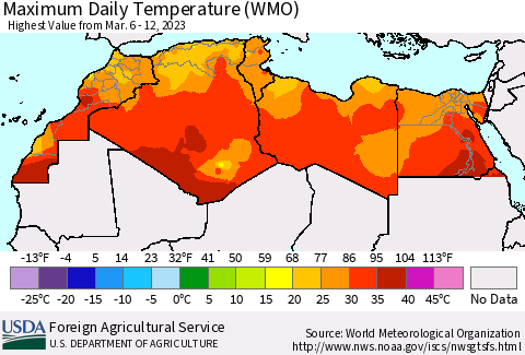North Africa Maximum Daily Temperature (WMO) Thematic Map For 3/6/2023 - 3/12/2023
