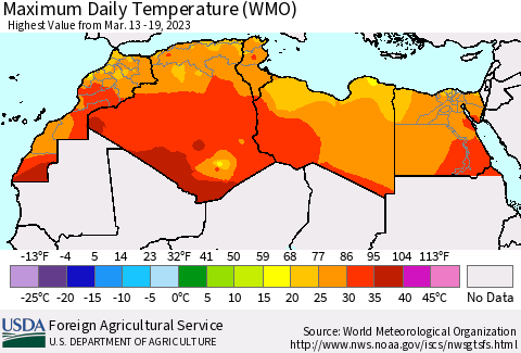North Africa Maximum Daily Temperature (WMO) Thematic Map For 3/13/2023 - 3/19/2023