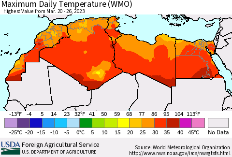North Africa Maximum Daily Temperature (WMO) Thematic Map For 3/20/2023 - 3/26/2023