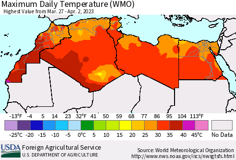 North Africa Maximum Daily Temperature (WMO) Thematic Map For 3/27/2023 - 4/2/2023