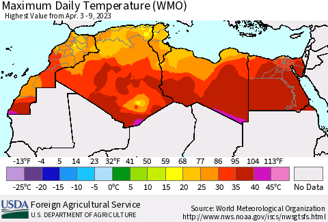North Africa Maximum Daily Temperature (WMO) Thematic Map For 4/3/2023 - 4/9/2023