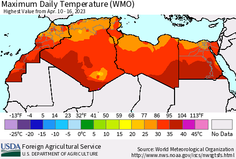 North Africa Maximum Daily Temperature (WMO) Thematic Map For 4/10/2023 - 4/16/2023