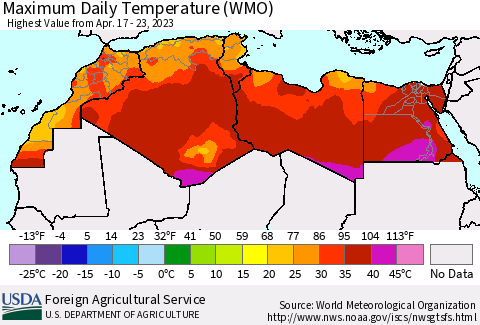 North Africa Maximum Daily Temperature (WMO) Thematic Map For 4/17/2023 - 4/23/2023
