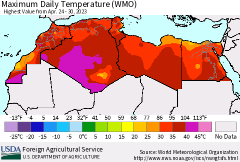 North Africa Maximum Daily Temperature (WMO) Thematic Map For 4/24/2023 - 4/30/2023