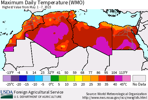North Africa Maximum Daily Temperature (WMO) Thematic Map For 5/1/2023 - 5/7/2023