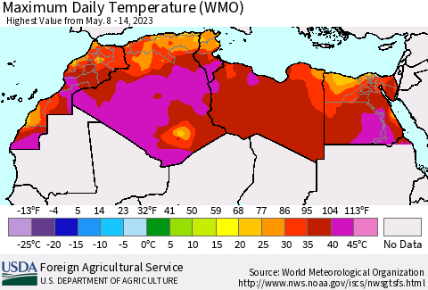 North Africa Maximum Daily Temperature (WMO) Thematic Map For 5/8/2023 - 5/14/2023