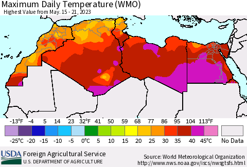 North Africa Maximum Daily Temperature (WMO) Thematic Map For 5/15/2023 - 5/21/2023
