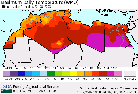 North Africa Maximum Daily Temperature (WMO) Thematic Map For 5/22/2023 - 5/28/2023