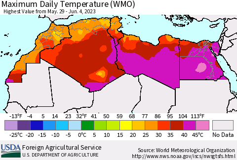 North Africa Maximum Daily Temperature (WMO) Thematic Map For 5/29/2023 - 6/4/2023