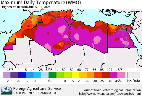 North Africa Maximum Daily Temperature (WMO) Thematic Map For 6/5/2023 - 6/11/2023