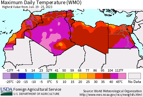 North Africa Maximum Daily Temperature (WMO) Thematic Map For 6/19/2023 - 6/25/2023