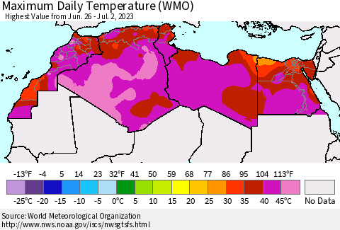 North Africa Maximum Daily Temperature (WMO) Thematic Map For 6/26/2023 - 7/2/2023