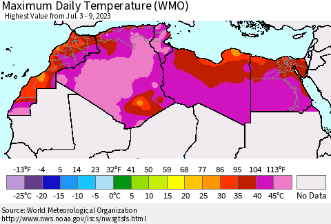 North Africa Maximum Daily Temperature (WMO) Thematic Map For 7/3/2023 - 7/9/2023