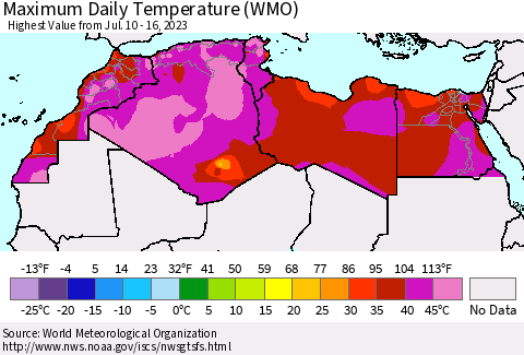 North Africa Maximum Daily Temperature (WMO) Thematic Map For 7/10/2023 - 7/16/2023