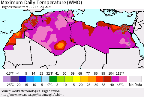 North Africa Maximum Daily Temperature (WMO) Thematic Map For 7/17/2023 - 7/23/2023