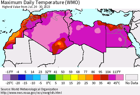 North Africa Maximum Daily Temperature (WMO) Thematic Map For 7/24/2023 - 7/30/2023