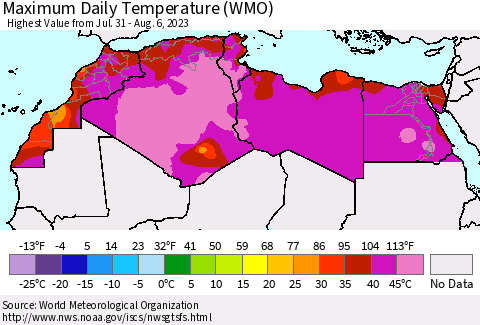 North Africa Maximum Daily Temperature (WMO) Thematic Map For 7/31/2023 - 8/6/2023