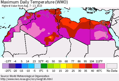 North Africa Maximum Daily Temperature (WMO) Thematic Map For 8/7/2023 - 8/13/2023