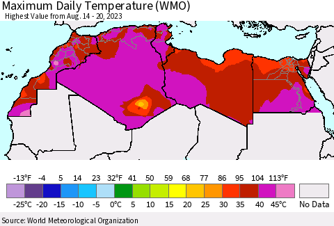 North Africa Maximum Daily Temperature (WMO) Thematic Map For 8/14/2023 - 8/20/2023