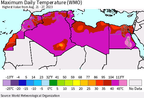 North Africa Maximum Daily Temperature (WMO) Thematic Map For 8/21/2023 - 8/27/2023