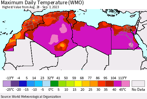 North Africa Maximum Daily Temperature (WMO) Thematic Map For 8/28/2023 - 9/3/2023