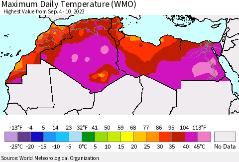 North Africa Maximum Daily Temperature (WMO) Thematic Map For 9/4/2023 - 9/10/2023