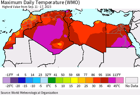 North Africa Maximum Daily Temperature (WMO) Thematic Map For 9/11/2023 - 9/17/2023