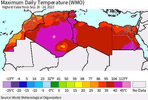 North Africa Maximum Daily Temperature (WMO) Thematic Map For 9/18/2023 - 9/24/2023