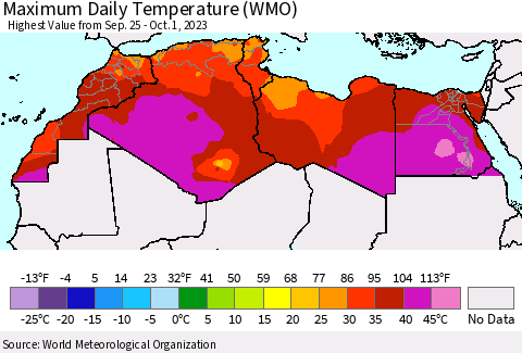 North Africa Maximum Daily Temperature (WMO) Thematic Map For 9/25/2023 - 10/1/2023