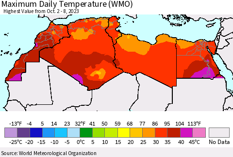 North Africa Maximum Daily Temperature (WMO) Thematic Map For 10/2/2023 - 10/8/2023