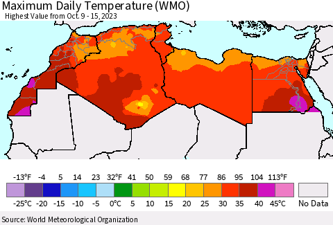 North Africa Maximum Daily Temperature (WMO) Thematic Map For 10/9/2023 - 10/15/2023