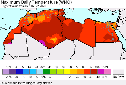 North Africa Maximum Daily Temperature (WMO) Thematic Map For 10/16/2023 - 10/22/2023