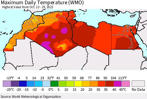 North Africa Maximum Daily Temperature (WMO) Thematic Map For 10/23/2023 - 10/29/2023