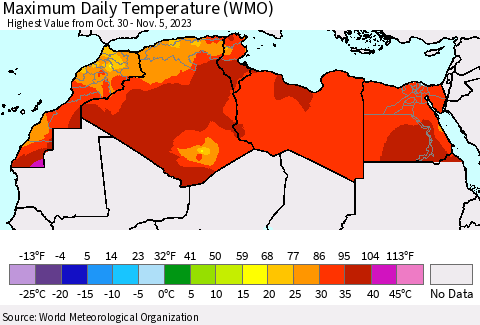 North Africa Maximum Daily Temperature (WMO) Thematic Map For 10/30/2023 - 11/5/2023