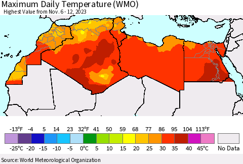North Africa Maximum Daily Temperature (WMO) Thematic Map For 11/6/2023 - 11/12/2023